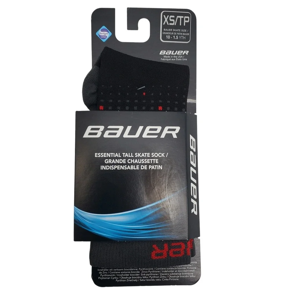 Bauer S19 Essential Tall Skate Socks Sz XS/TP Youth 10-1.5 YTH Black Ice Hockey